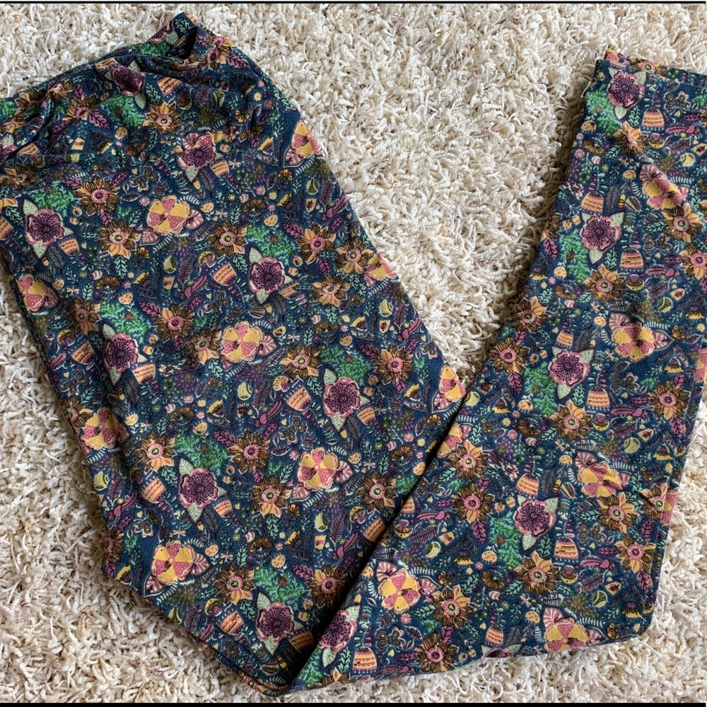 LuLaRoe Gold Blue Green Floral Leggings